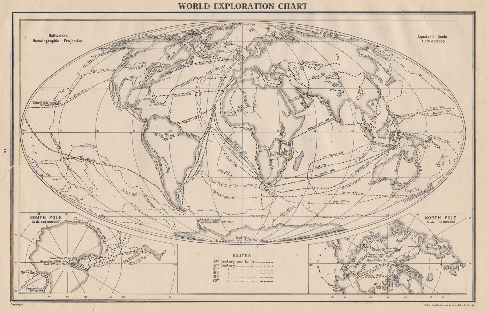 WORLD EXPLORATION. Explorers routes dates centuries. BARTHOLOMEW 1944 old map